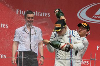World © Octane Photographic Ltd. Mercedes AMG Petronas Hybrid – Nico Rosberg (2nd) and Williams Martini Racing – Valtteri Bottas (3rd) – For Mercedes - Riccardo Musconi, Race Engineer. Sunday 7th June 2015, F1 Canadian GP Podium, Circuit Gilles Villeneuve, Montreal, Canada. Digital Ref: 1300LB1D4292