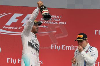 World © Octane Photographic Ltd. Mercedes AMG Petronas Hybrid – Lewis Hamilton (1st) and Williams Martini Racing and Valtteri Bottas (3rd). Sunday 7th June 2015, F1 Canadian GP Podium, Circuit Gilles Villeneuve, Montreal, Canada. Digital Ref: 1300LB1D4315