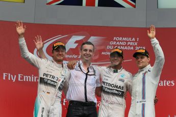 World © Octane Photographic Ltd. Mercedes AMG Petronas Hybrid – Lewis Hamilton (1st), Nico Rosberg (2nd) and Williams Martini Racing – Valtteri Bottas (3rd) – For Mercedes - Riccardo Musconi, Race Engineer. Sunday 7th June 2015, F1 Canadian GP Podium, Circuit Gilles Villeneuve, Montreal, Canada. Digital Ref: 1300LB1D4331