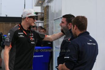 World © Octane Photographic Ltd. Sahara Force India VJM08 – Nico Hulkenberg and Sauber F1 team crew. Sunday 7th June 2015, F1 Canadian GP Paddock, Circuit Gilles Villeneuve, Montreal, Canada. Digital Ref: 1297LB1D2847