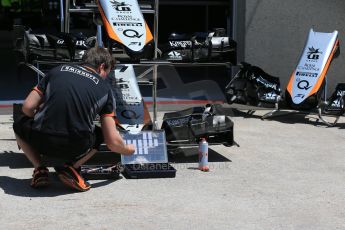 World © Octane Photographic Ltd. Thursday 4th June 2015, F1 Canadian GP pitlane setup, Circuit Gilles Villeneuve, Montreal, Canada. Sahara Force India VJM08 noses and front wings. Digital Ref: 1290LB1D8687