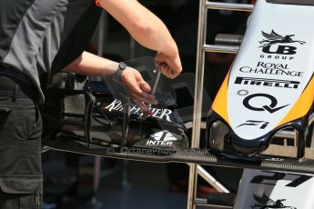 World © Octane Photographic Ltd. Thursday 4th June 2015, F1 Canadian GP pitlane setup, Circuit Gilles Villeneuve, Montreal, Canada. Sahara Force India VJM08 nose and front wing detail. Digital Ref: 1290LB1D8690