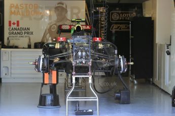 World © Octane Photographic Ltd. Thursday 4th June 2015, F1 Canadian GP pitlane setup, Circuit Gilles Villeneuve, Montreal, Canada. Lotus F1 Team E23 Hybrid – Pastor Maldonado. Digital Ref: 1290LB1D8734
