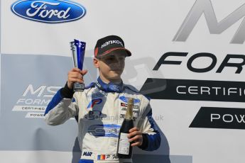 World © Octane Photographic Ltd. Saturday 18th April 2015, MSA Formula - Certified by the FIA - Powered by Ford EcoBoost Race 1 Rookie Podium. Donington Park. Carlin - Petru Florescu (3rd). Digital Ref: 1230LW1L2919