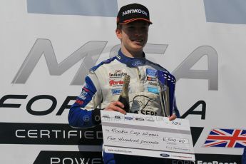 World © Octane Photographic Ltd. Saturday 18th April 2015, MSA Formula - Certified by the FIA - Powered by Ford EcoBoost Race 1 Rookie Podium. Donington Park. Fortec - Daniel Ticktum (1st). Digital Ref: 1230LW1L2938