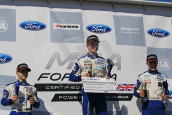World © Octane Photographic Ltd. Saturday 18th April 2015, MSA Formula - Certified by the FIA - Powered by Ford EcoBoost Race 1 Rookie Podium. Donington Park. Fortec - Daniel Ticktum (1st), JTR - Dan Baybutt (2nd) and Carlin - Petru Florescu (3rd). Digital Ref: 1230LW1L2948
