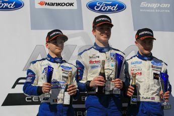 World © Octane Photographic Ltd. Saturday 18th April 2015, MSA Formula - Certified by the FIA - Powered by Ford EcoBoost Race 1 Rookie Podium. Donington Park. Fortec - Daniel Ticktum (1st), JTR - Dan Baybutt (2nd) and Carlin - Petru Florescu (3rd). Digital Ref: 1230LW1L2953