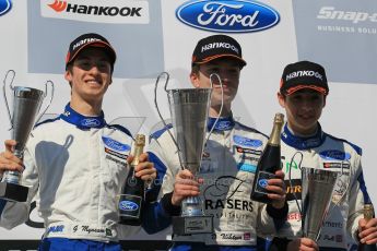 World © Octane Photographic Ltd. Saturday 18th April 2015, MSA Formula - Certified by the FIA - Powered by Ford EcoBoost Race 1 Main Podium. Donington Park. Fortec - Daniel Ticktum (1st), JTR - James Pull (2nd) and Double R Racing – Gustavo Myasava (3rd). Digital Ref: 1230LW1L2982