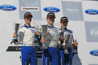 World © Octane Photographic Ltd. Saturday 18th April 2015, MSA Formula - Certified by the FIA - Powered by Ford EcoBoost Race 1 Main Podium. Donington Park. Fortec - Daniel Ticktum (1st), JTR - James Pull (2nd) and Double R Racing – Gustavo Myasava (3rd). Digital Ref: 1230LW1L2985