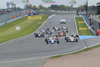 World © Octane Photographic Ltd. Sunday 19th April 2015, MSA Formula - Certified by the FIA - Powered by Ford EcoBoost Race 2. Donington Park. The pack enters turn 1 on the 1st lap. Digital Ref: 1231LB1D1730