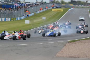 World © Octane Photographic Ltd. Sunday 19th April 2015, MSA Formula - Certified by the FIA - Powered by Ford EcoBoost Race 2. Donington Park. The pack enters turn 1 on the 1st lap. Digital Ref: 1231LB1D1735
