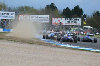 World © Octane Photographic Ltd. Sunday 19th April 2015, MSA Formula - Certified by the FIA - Powered by Ford EcoBoost Race 2. Donington Park. The pack through Red Gate corner. Digital Ref: 1231LB1D1747