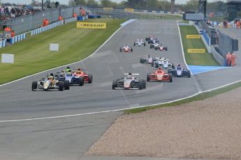 World © Octane Photographic Ltd. Sunday 19th April 2015, MSA Formula - Certified by the FIA - Powered by Ford EcoBoost Race 2. Donington Park. JTR - Dan Baybutt and Fortec - Daniel Ticktum lead the midfield. Digital Ref: 1231LB1D1768