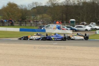 World © Octane Photographic Ltd. Sunday 19th April 2015, MSA Formula - Certified by the FIA - Powered by Ford EcoBoost Race 2. Donington Park. Carlin - Lando Norris, JTR - Dan Baybutt and James Pull. Digital Ref: 1231LW1L3050