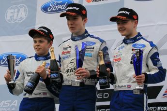 World © Octane Photographic Ltd. Sunday 19th April 2015, MSA Formula - Certified by the FIA - Powered by Ford EcoBoost Race 2 Rookie Podium. Donington Park. Fortec - Daniel Ticktum (1st), JTR - Dan Baybutt (2nd) and Fortec - Josh Smith (3rd). Digital Ref: 1231LW1L3173