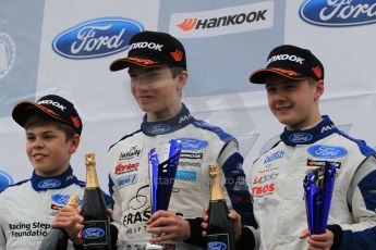 World © Octane Photographic Ltd. Sunday 19th April 2015, MSA Formula - Certified by the FIA - Powered by Ford EcoBoost Race 2 Rookie Podium. Donington Park. Fortec - Daniel Ticktum (1st), JTR - Dan Baybutt (2nd) and Fortec - Josh Smith (3rd). Digital Ref: 1231LW1L3175