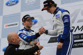 World © Octane Photographic Ltd. Sunday 19th April 2015, MSA Formula - Certified by the FIA - Powered by Ford EcoBoost Race 2 Main Podium. Donington Park. Double R Racing - Matheus Leist (1st), JHR Developments - Sennan Fielding (3rd) and Gerard Quinn - Director of Ford racing. Digital Ref: 1231LW1L3199