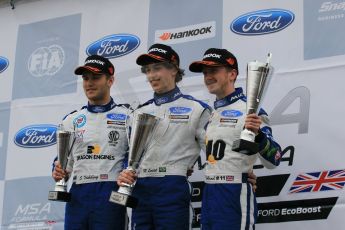 World © Octane Photographic Ltd. Sunday 19th April 2015, MSA Formula - Certified by the FIA - Powered by Ford EcoBoost Race 2 Main Podium. Donington Park. Double R Racing - Matheus Leist (1st), TRS Arden - Ricky Collard (2nd) and JHR Developments - Sennan Fielding (3rd). Digital Ref: 1231LW1L3218