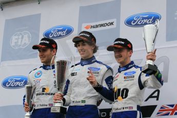 World © Octane Photographic Ltd. Sunday 19th April 2015, MSA Formula - Certified by the FIA - Powered by Ford EcoBoost Race 2 Main Podium. Donington Park. Double R Racing - Matheus Leist (1st), TRS Arden - Ricky Collard (2nd) and JHR Developments - Sennan Fielding (3rd). Digital Ref: 1231LW1L3228
