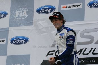 World © Octane Photographic Ltd. Sunday 19th April 2015, MSA Formula - Certified by the FIA - Powered by Ford EcoBoost Race 2 Main Podium. Donington Park. Double R Racing - Matheus Leist (1st). Digital Ref: 1231LW1L3251