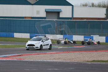 World © Octane Photographic Ltd. Sunday 19th April 2015, MSA Formula - Certified by the FIA - Powered by Ford EcoBoost Race 3. Donington Park. Ford Fiesta EcoBoost Safety Car ahead of Fortec - Daniel Ticktum and JTR - James Pull. Digital Ref: 1232LB1D2347