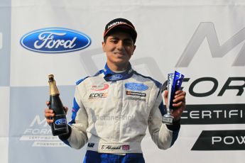World © Octane Photographic Ltd. Sunday 19th April 2015, MSA Formula - Certified by the FIA - Powered by Ford EcoBoost Race 3 Rookie Podium. Donington Park. TRS Arden - Enaam Ahmed (3rd). Digital Ref: 1232LW1L3464