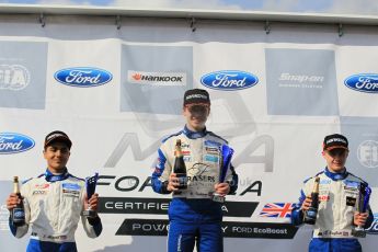 World © Octane Photographic Ltd. Sunday 19th April 2015, MSA Formula - Certified by the FIA - Powered by Ford EcoBoost Race 3 Rookie Podium. Donington Park. Fortec - Daniel Ticktum (1st), JTR - Dan Baybutt (2nd) and TRS Arden - Enaam Ahmed (3rd). Digital Ref: 1232LW1L3481