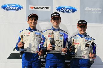 World © Octane Photographic Ltd. Sunday 19th April 2015, MSA Formula - Certified by the FIA - Powered by Ford EcoBoost Race 3 Rookie Podium. Donington Park. Fortec - Daniel Ticktum (1st), JTR - Dan Baybutt (2nd) and TRS Arden - Enaam Ahmed (3rd). Digital Ref: 1232LW1L3489