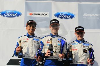 World © Octane Photographic Ltd. Sunday 19th April 2015, MSA Formula - Certified by the FIA - Powered by Ford EcoBoost Race 3 Rookie Podium. Donington Park. Fortec - Daniel Ticktum (1st), JTR - Dan Baybutt (2nd) and TRS Arden - Enaam Ahmed (3rd). Digital Ref: 1232LW1L3496