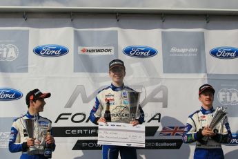World © Octane Photographic Ltd. Sunday 19th April 2015, MSA Formula - Certified by the FIA - Powered by Ford EcoBoost Race 3 Main Podium. Donington Park. Fortec - Daniel Ticktum (1st), TRS Arden - Ricky Collard (2nd) and JTR - James Pull (3rd). Digital Ref: 1232LW1L3514