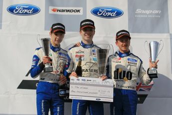 World © Octane Photographic Ltd. Sunday 19th April 2015, MSA Formula - Certified by the FIA - Powered by Ford EcoBoost Race 3 Main Podium. Donington Park. Fortec - Daniel Ticktum (1st), TRS Arden - Ricky Collard (2nd) and JTR - James Pull (3rd). Digital Ref: 1232LW1L3522