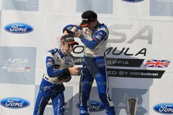World © Octane Photographic Ltd. Sunday 19th April 2015, MSA Formula - Certified by the FIA - Powered by Ford EcoBoost Race 3 Main Podium. Donington Park. Fortec - Daniel Ticktum (1st) and JTR - James Pull (3rd). Digital Ref: 1232LW1L3541