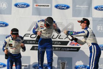 World © Octane Photographic Ltd. Sunday 19th April 2015, MSA Formula - Certified by the FIA - Powered by Ford EcoBoost Race 3 Main Podium. Donington Park. Fortec - Daniel Ticktum (1st), TRS Arden - Ricky Collard (2nd) and JTR - James Pull (3rd). Digital Ref: 1232LW1L3557