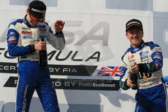 World © Octane Photographic Ltd. Sunday 19th April 2015, MSA Formula - Certified by the FIA - Powered by Ford EcoBoost Race 3 Main Podium. Donington Park. Fortec - Daniel Ticktum (1st) and TRS Arden - Ricky Collard (2nd). Digital Ref: 1232LW1L3560