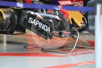 World © Octane Photographic Ltd. Scuderia Toro Rosso STR10 new single turning vane front wing detail. Saturday 19th September 2015, F1 Singapore Grand Prix Pit lane, Marina Bay. Digital Ref: 1432CB7D1179
