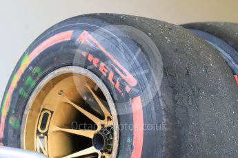 World © Octane Photographic Ltd. Lotus F1 Team E23 scuffed Hybrid Pirelli Super Soft red tyre. Saturday 19th September 2015, F1 Singapore Grand Prix Pit lane, Marina Bay. Digital Ref: 1432CB7D1253