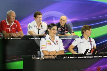 World © Octane Photographic Ltd. FIA Team Personnel Conference. Friday 18th September 2015, F1 Singapore. Franz Tost - Scuderia Toro Rosso – Team Principle, Toto Wolff - Mercedes AMG Petronas – Executvie Director, Claire Williams - Williams Martini Racing – Deputy Team Principle, John Booth - Manor Marussia F1 Team – Team Principle and Monisha Kaltenborn – Sauber F1 Team – Team Principle. Digital Ref: 1430CB7D1104