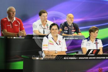 World © Octane Photographic Ltd. FIA Team Personnel Conference. Friday 18th September 2015, F1 Singapore. Franz Tost - Scuderia Toro Rosso – Team Principle, Toto Wolff - Mercedes AMG Petronas – Executvie Director, Claire Williams - Williams Martini Racing – Deputy Team Principle, John Booth - Manor Marussia F1 Team – Team Principle and Monisha Kaltenborn – Sauber F1 Team – Team Principle. Digital Ref: 1430CB7D1109