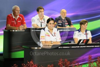 World © Octane Photographic Ltd. FIA Team Personnel Conference. Friday 18th September 2015, F1 Singapore. Franz Tost - Scuderia Toro Rosso – Team Principle, Toto Wolff - Mercedes AMG Petronas – Executvie Director, Claire Williams - Williams Martini Racing – Deputy Team Principle, John Booth - Manor Marussia F1 Team – Team Principle and Monisha Kaltenborn – Sauber F1 Team – Team Principle. Digital Ref: 1430CB7D1112