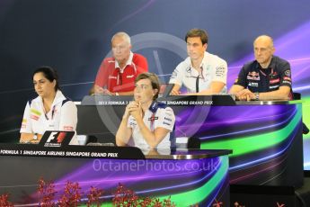 World © Octane Photographic Ltd. FIA Team Personnel Conference. Friday 18th September 2015, F1 Singapore. Franz Tost - Scuderia Toro Rosso – Team Principle, Toto Wolff - Mercedes AMG Petronas – Executvie Director, Claire Williams - Williams Martini Racing – Deputy Team Principle, John Booth - Manor Marussia F1 Team – Team Principle and Monisha Kaltenborn – Sauber F1 Team – Team Principle. Digital Ref: 1430CB7D1132