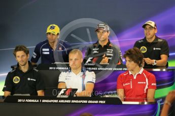 World © Octane Photographic Ltd. FIA Drivers’ Press Conference. Thursday 17th September 2015, F1 Singapore Grand Press Conference, Monza, Italy. Williams Martini Racing – Valtteri Bottas, Lotus F1 Team E23 Hybrid – Romain Grosjean and Pastor Maldonado, Manor Marussia F1 Team – Roberto Merhi, Sauber F1 Team C34-Ferrari – Felipe Nasr, Sahara Force India VJM08B – Sergio Perez. Digital Ref: 1425CB5D9492
