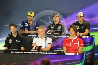 World © Octane Photographic Ltd. FIA Drivers’ Press Conference. Thursday 17th September 2015, F1 Singapore Grand Press Conference, Monza, Italy. Williams Martini Racing – Valtteri Bottas, Lotus F1 Team E23 Hybrid – Romain Grosjean and Pastor Maldonado, Manor Marussia F1 Team – Roberto Merhi, Sauber F1 Team C34-Ferrari – Felipe Nasr, Sahara Force India VJM08B – Sergio Perez. Digital Ref: 1425CB5D9498