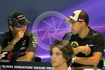 World © Octane Photographic Ltd. Sahara Force India – Sergio Perez and Lotus F1 Team – Romain Grosjean. Thursday 17th September 2015, F1 Singapore Grand Prix FIA Drivers’ Press Conference, Marina Bay. Digital Ref: 1425CB7D0049