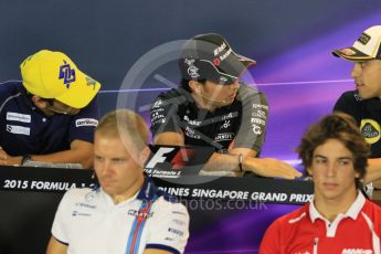 World © Octane Photographic Ltd. Sauber F1 Team – Felipe Nasr, Sahara Force India – Sergio Perez and Lotus F1 Team – Pastor Maldonado. Thursday 17th September 2015, F1 Singapore Grand Prix FIA Drivers’ Press Conference, Marina Bay. Digital Ref: 1425CB7D0053