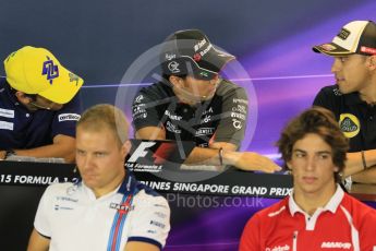 World © Octane Photographic Ltd. Sauber F1 Team – Felipe Nasr, Sahara Force India – Sergio Perez and Lotus F1 Team – Pastor Maldonado. Thursday 17th September 2015, F1 Singapore Grand Prix FIA Drivers’ Press Conference, Marina Bay. Digital Ref: 1425CB7D0054