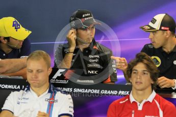 World © Octane Photographic Ltd. Sauber F1 Team – Felipe Nasr, Sahara Force India – Sergio Perez and Lotus F1 Team – Pastor Maldonado. Thursday 17th September 2015, F1 Singapore Grand Prix FIA Drivers’ Press Conference, Marina Bay. Digital Ref: 1425CB7D0061