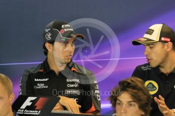 World © Octane Photographic Ltd. Sahara Force India – Sergio Perez and Lotus F1 Team – Romain Grosjean. Thursday 17th September 2015, F1 Singapore Grand Prix FIA Drivers’ Press Conference, Marina Bay. Digital Ref: 1425CB7D0066