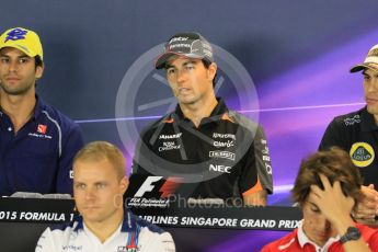 World © Octane Photographic Ltd. FIA Drivers’ Press Conference. Thursday 17th September 2015, F1. Williams Martini Racing – Valtteri Bottas, Lotus F1 Team E23 Hybrid – Romain Grosjean and Pastor Maldonado, Manor Marussia F1 Team – Roberto Merhi, Sauber F1 Team C34-Ferrari – Felipe Nasr, Sahara Force India VJM08B – Sergio Perez. Digital Ref: 1425CB7D0077
