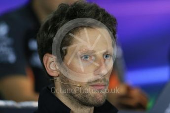 World © Octane Photographic Ltd. Lotus F1 Team – Romain Grosjean. Thursday 17th September 2015, F1 Singapore Grand Prix FIA Drivers’ Press Conference, Marina Bay. Digital Ref: 1425LB1D4461