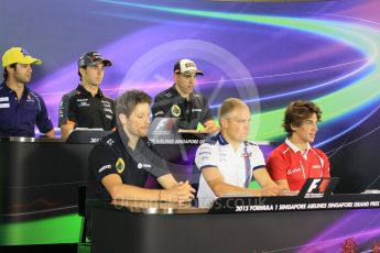 World © Octane Photographic Ltd. FIA Drivers’ Press Conference. Thursday 17th September 2015, F1. Williams Martini Racing – Valtteri Bottas, Lotus F1 Team E23 Hybrid – Romain Grosjean and Pastor Maldonado, Manor Marussia F1 Team – Roberto Merhi, Sauber F1 Team C34-Ferrari – Felipe Nasr, Sahara Force India VJM08B – Sergio Perez. Digital Ref: 1425LB1L9614